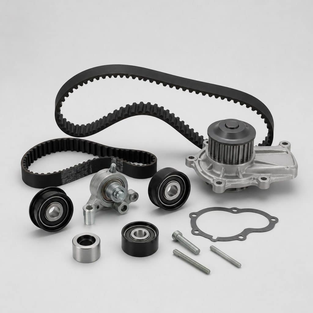 Kit de distribution complet avec courroies et pompe à eau sur fond clair